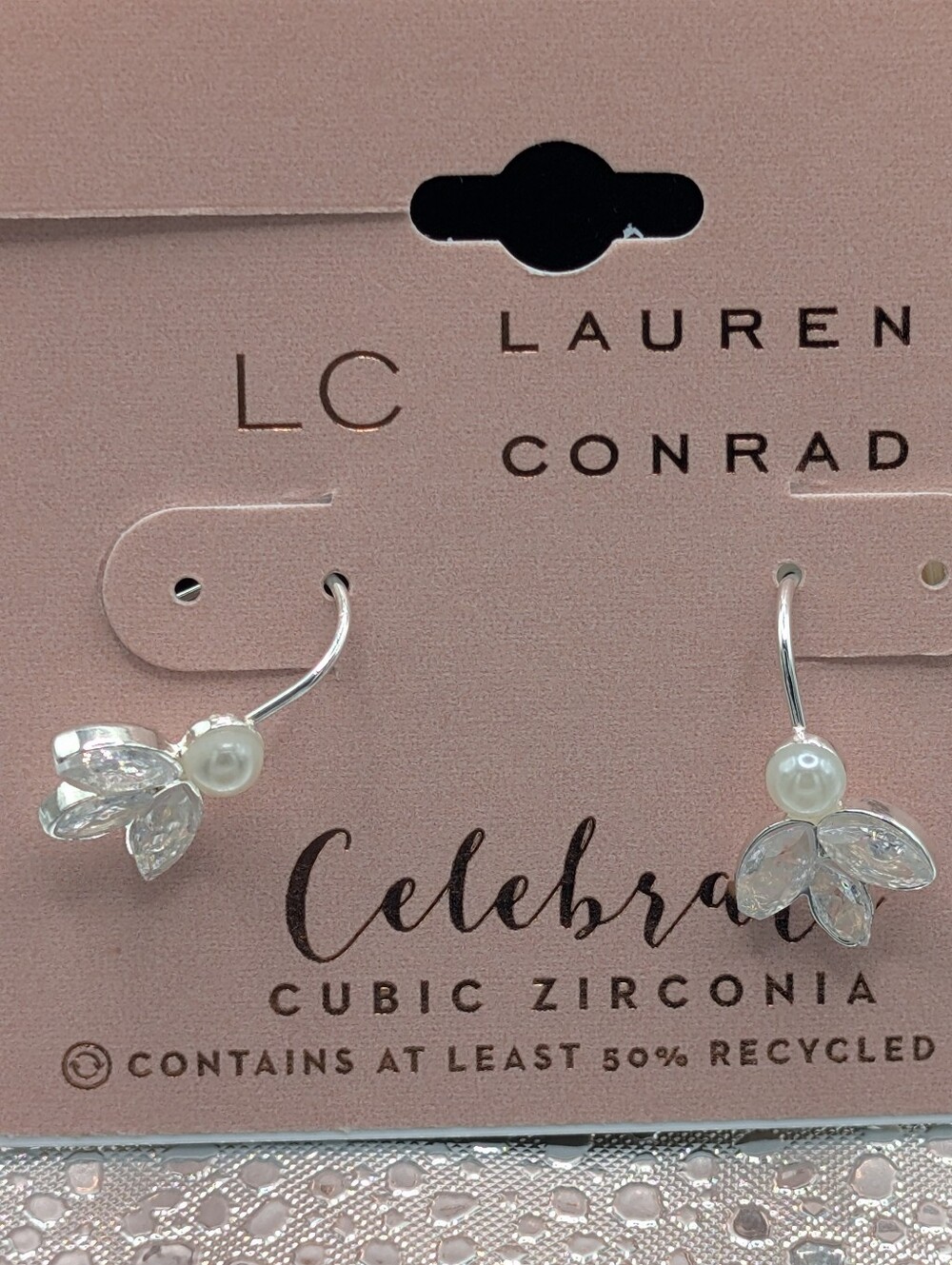 LC Lauren Conrad Silver Pearl & Clear Crystal Floral Drop Earrings